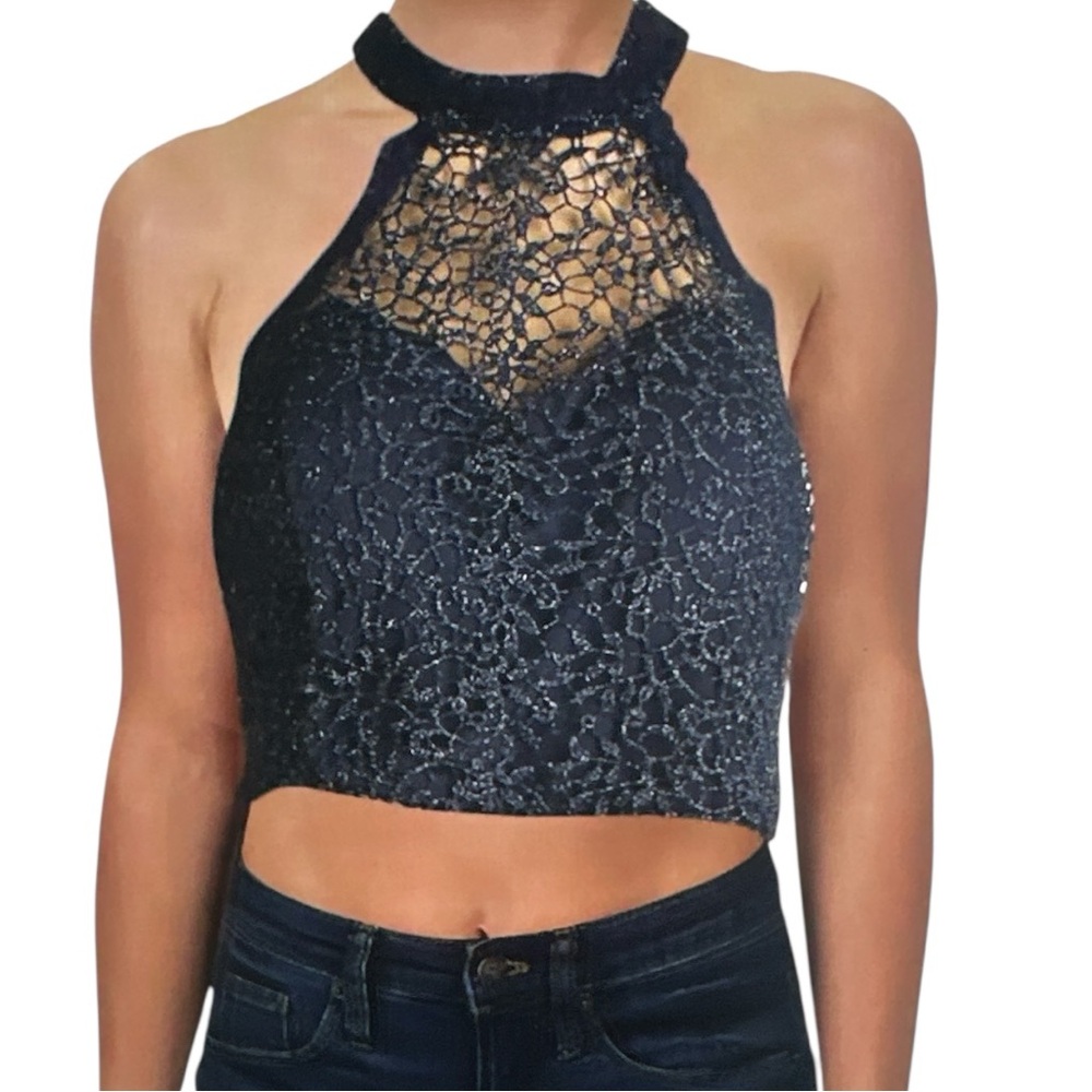 Sequin Hearts Navy Lace Crop Top NWT